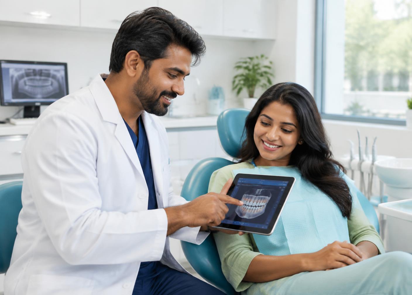 Dentist explaining a digital dental scan to a patient