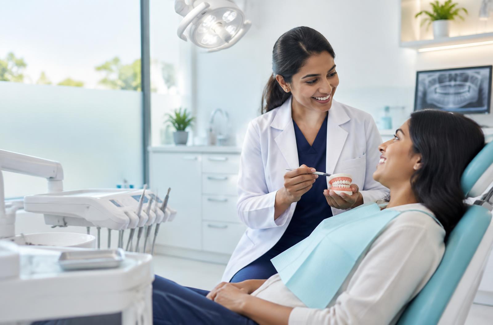 ROOTS dentist consulting with a patient in a modern dental clinic